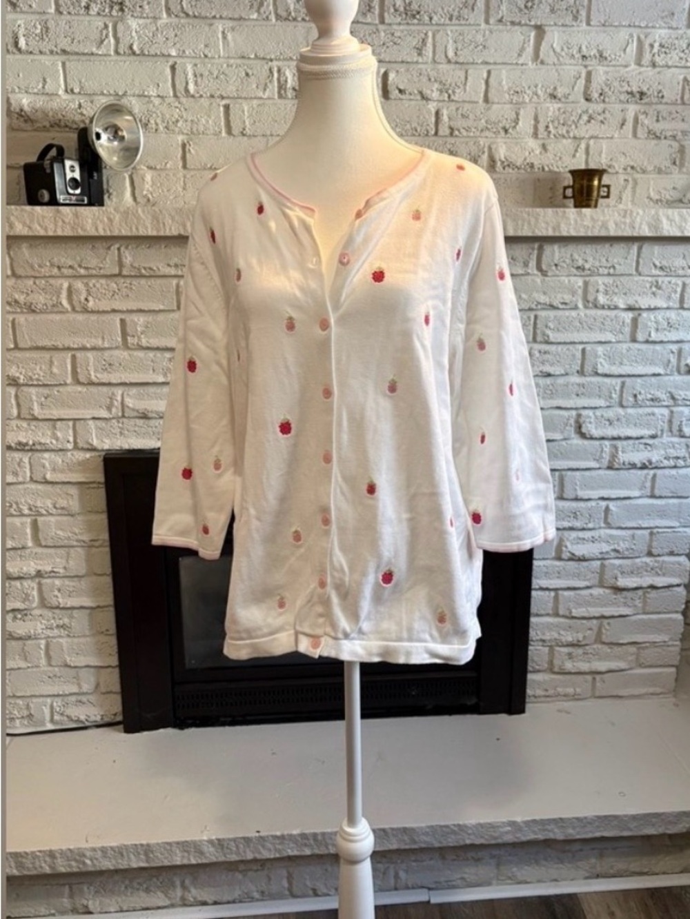 CJ BANKS Strawberry Embroidered 100% Cotton Button Up Cardigan 1X